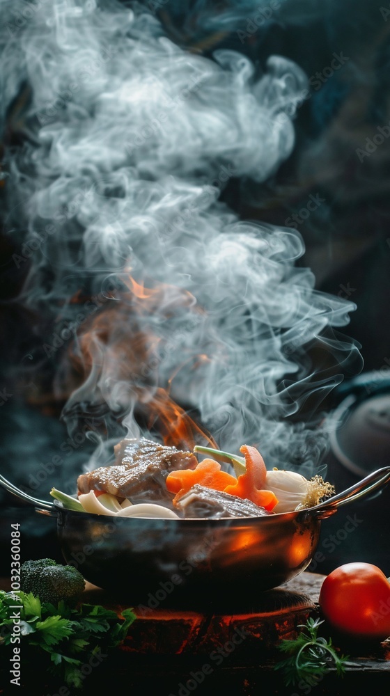 Steaming pot of meat and vegetables cooking on a stovetop.