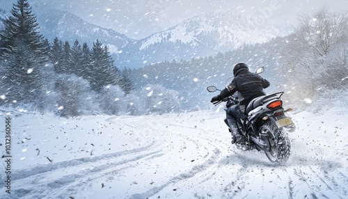 A motorcyclist rides through a snowy landscape, showcasing adventure and the thrill of winter exploration.