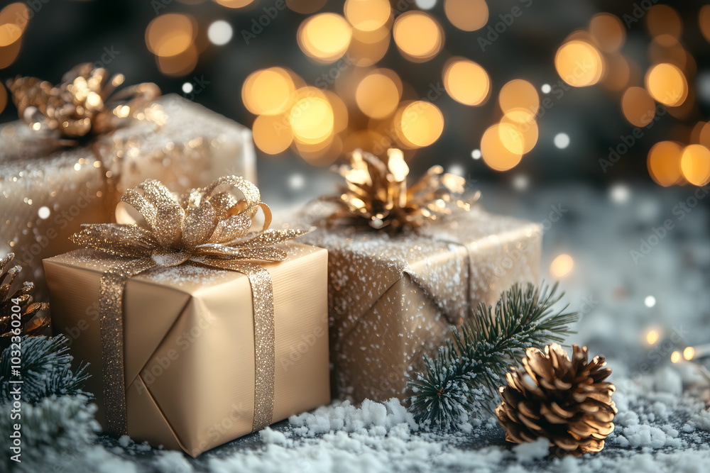 Golden Christmas presents with pine cones and bokeh lights in the background
Golden Christmas presents with pine cones and bokeh lights in the background