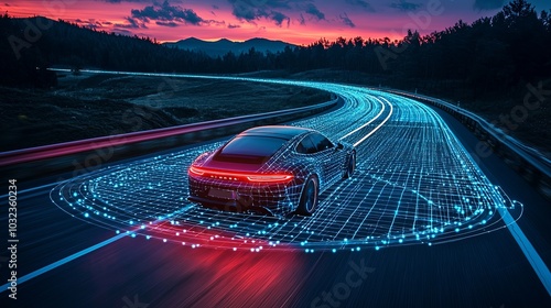 A modern car equipped with autopilot navigates a winding highway at sunset, highlighted by digital graphics, symbolizing innovation and automation in transportation. photo