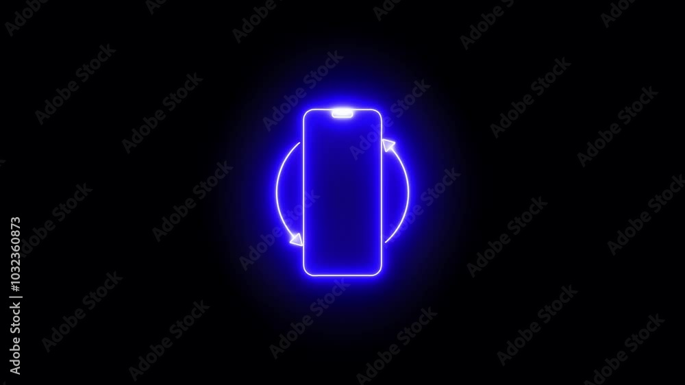 Abstract neon blue color phone rotate symbol animated on black background Abstract neon blue color phone rotate symbol animated on black background
