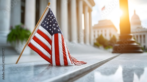 Flags flying at half mast outside a government or civic building in honor and remembrance of veterans who have served their country on Veterans Day or a similar national observance photo