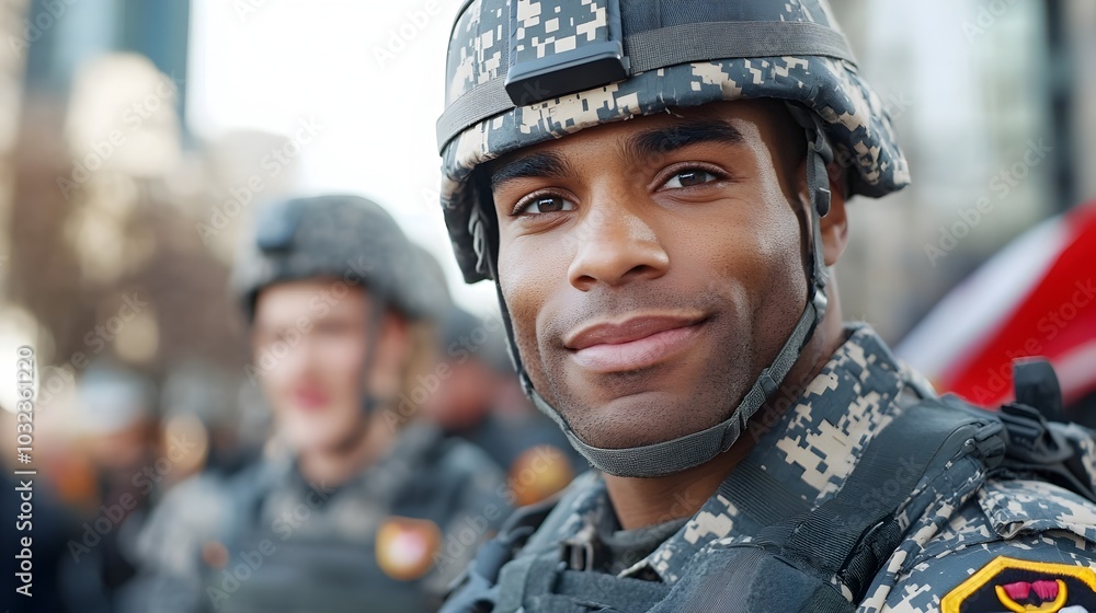 Fototapeta premium A group of uniformed soldiers standing together and marching in a Veterans Day parade celebrating and honoring national military service and sacrifice