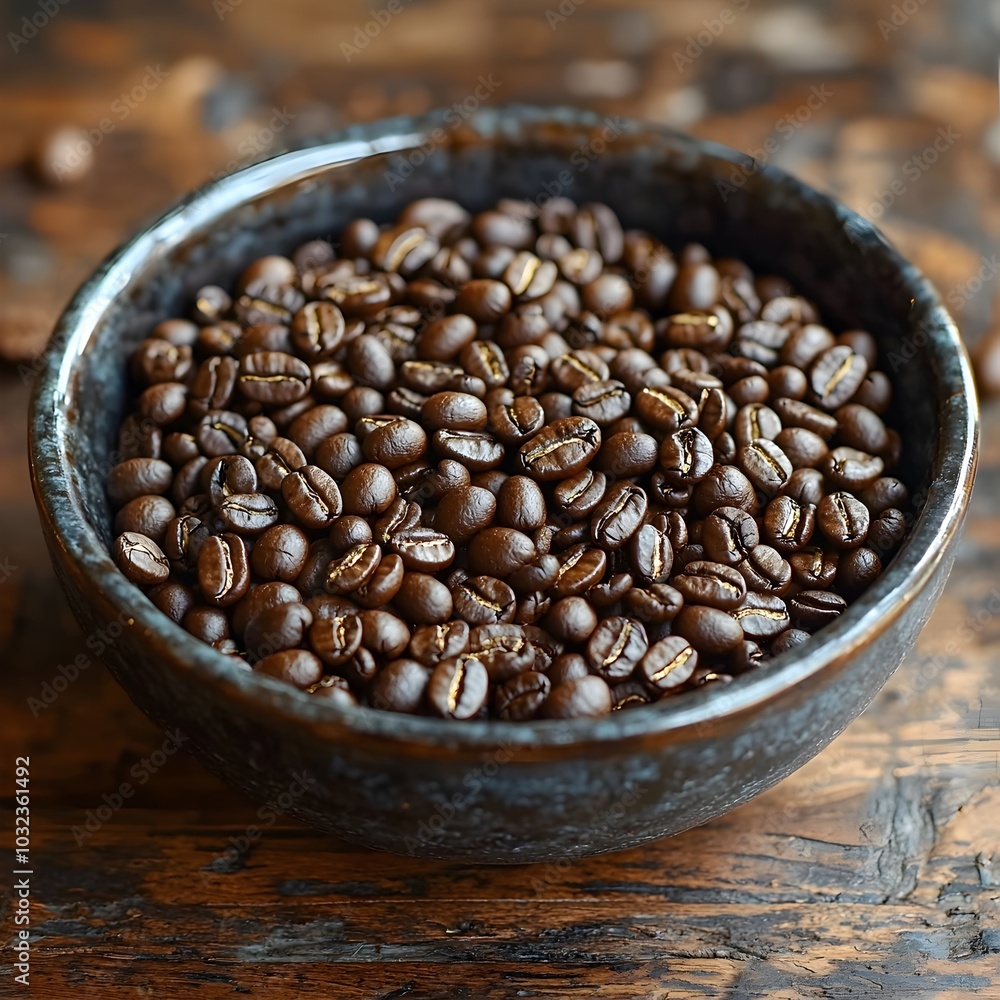 Fototapeta premium Overhead shot of a cozy rustic wooden table showcasing a dark ceramic bowl filled with aromatic roasted coffee beans highlighting the intricate patterns tones