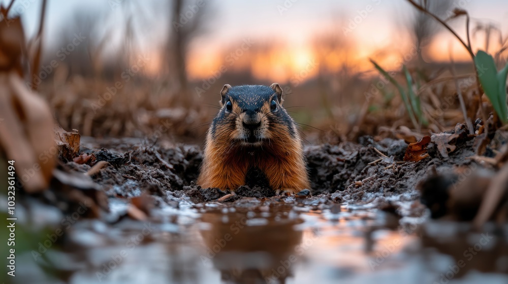A squirrel peeks out from a muddy hole near a water puddle at sunset, surrounded by dry grass and leaves in a natural setting. A squirrel peeks out from a muddy hole near a water puddle at sunset, surrounded by dry grass and leaves in a natural setting.