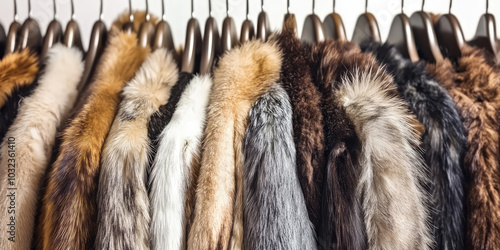 Close-up of hangers with hanging various assortment of fur winter coats. Background for a store of upper luxury clothes made of natural or eco fur