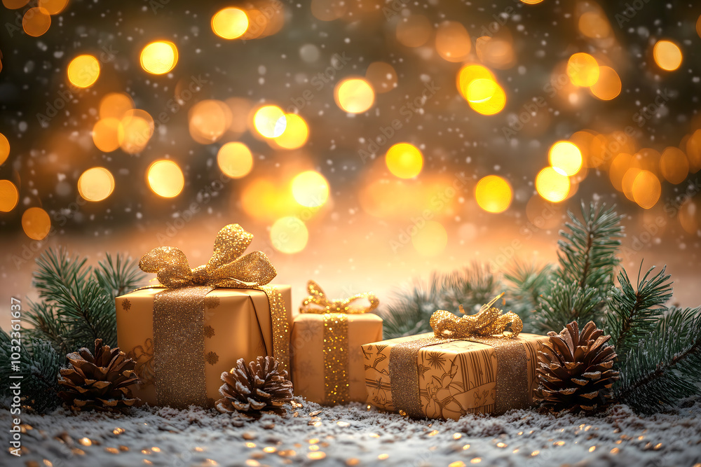 Golden Christmas presents with pine cones and bokeh lights in the background
Golden Christmas presents with pine cones and bokeh lights in the background