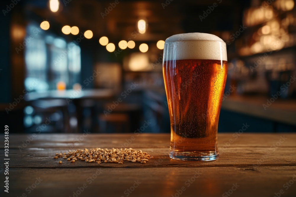 Golden amber beer in a glass next to scattered grains. A cozy bar atmosphere with warm lights creates an inviting scene for enjoyment. Perfect for beer lovers. Generative AI Golden amber beer in a glass next to scattered grains. A cozy bar atmosphere with warm lights creates an inviting scene for enjoyment. Perfect for beer lovers. Generative AI