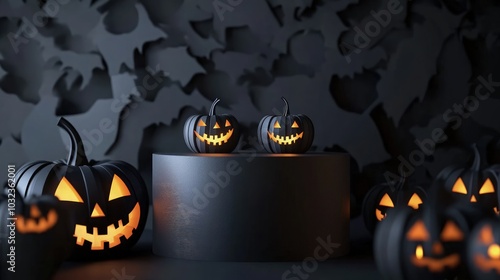 A Halloween fantasy black theme product display podium, surrounded by 3D Jack O' Lantern pumpkins glowing with candlelight. The backdrop features dark paper-cut graphics photo