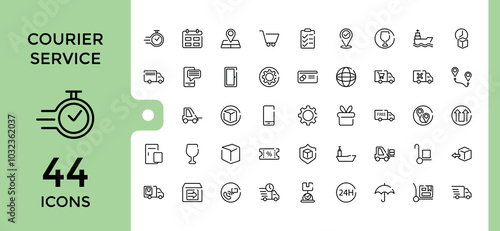 Courier service line icons set. Delivery service icons collection. showing delivery man delivering packages with transport, outline symbol pack. Editable stroke. Pixel perfect.