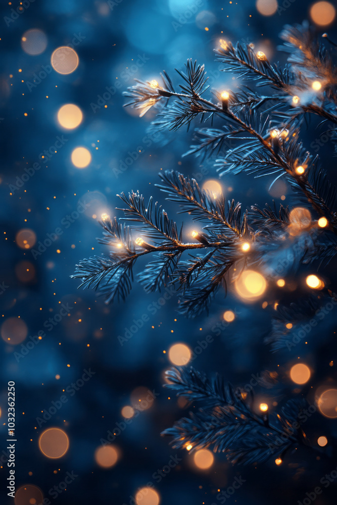 Fototapeta premium Silver bokeh lights shimmering on a deep blue backdrop, creating a peaceful, wintery festive vibe,