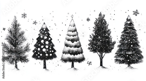 Five Black and White Hand-Drawn Pine Trees with Snowflakes photo