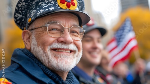 Parade of Veterans Waving Flags and Proudly Marching Through the Streets Celebrated by a Cheering and Enthusiastic Crowd in a Patriotic Display of National Unity and Community Pride