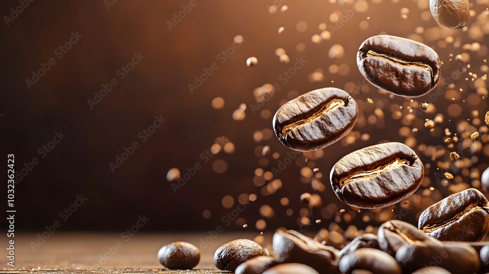 Dropping coffee beans on a rich dark brown background creating a bold contrast for an International Coffee Day web banner or promotional material Dropping coffee beans on a rich dark brown background creating a bold contrast for an International Coffee Day web banner or promotional material