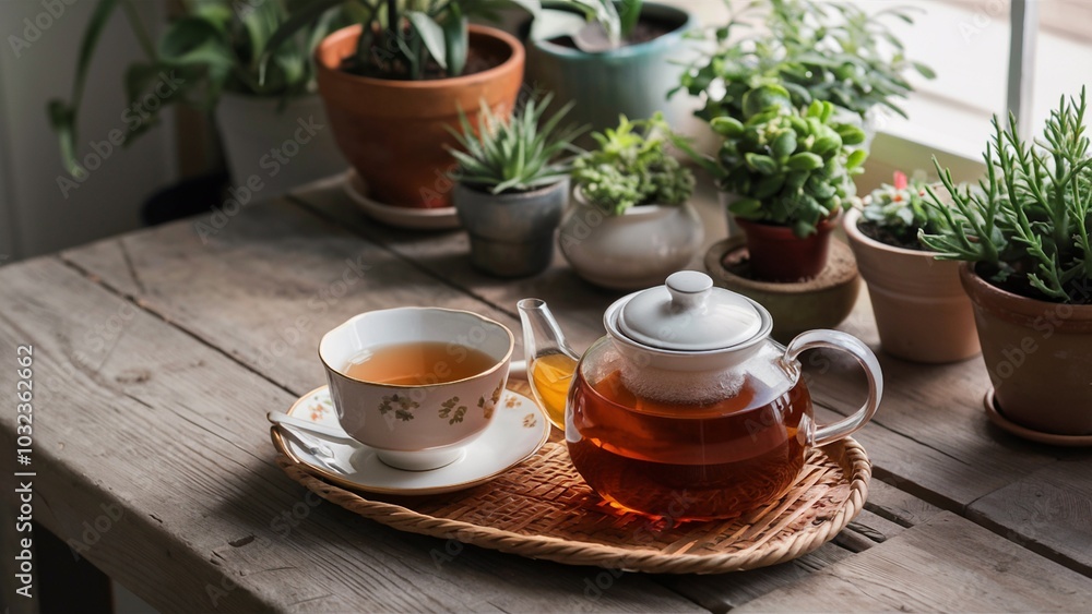 Cozy Tea Set with Chamomile Tea and Potted Plants Cozy Tea Set with Chamomile Tea and Potted Plants
