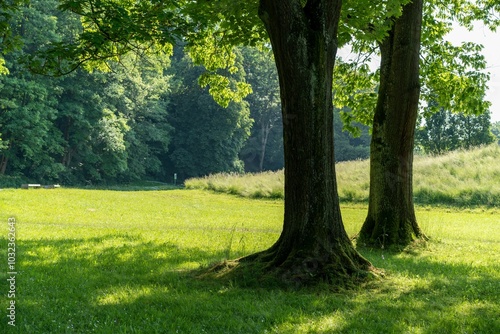 Tranquil park scene with two large trees casting shadows on a sunny day