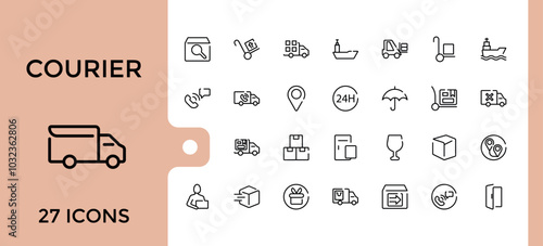 Set of courier line icons. Delivery service icons collection. showing delivery man delivering packages with transport, outline symbol pack. Editable stroke. Pixel perfect.
