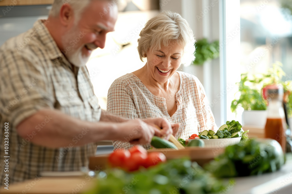 Senior Couple Preparing Fresh Salad Together in the Kitchen, Happy senior couple chopping fresh vegetables and preparing a healthy salad together in their kitchen, enjoying the process.
Senior Couple Preparing Fresh Salad Together in the Kitchen, Happy senior couple chopping fresh vegetables and preparing a healthy salad together in their kitchen, enjoying the process.