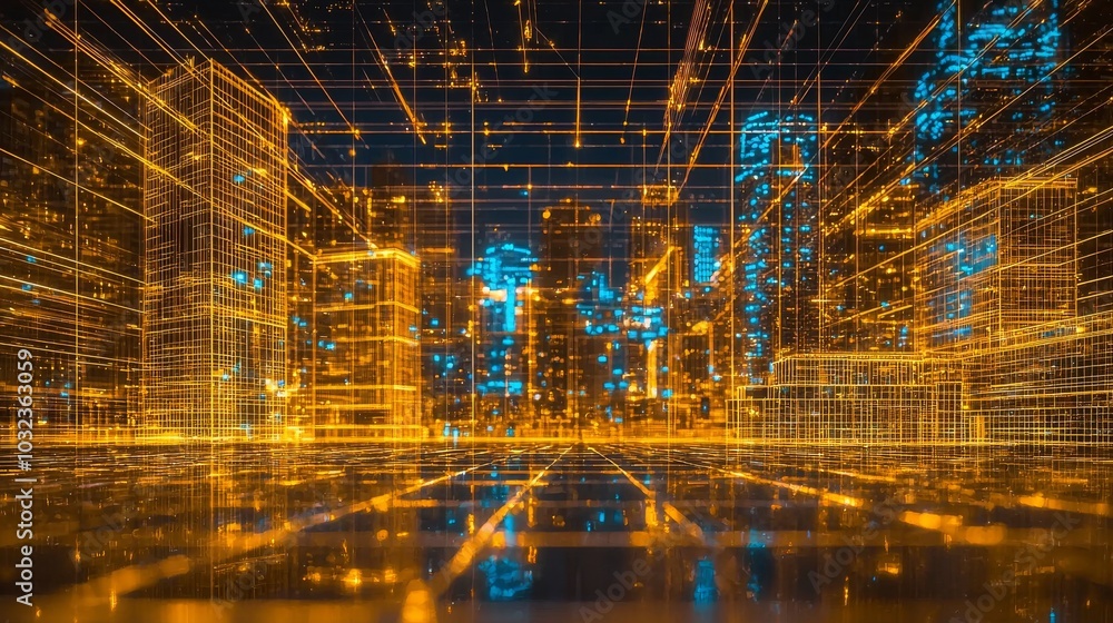 Futuristic Digital Cityscape with Glowing Grid Lines and Neon Colors Futuristic Digital Cityscape with Glowing Grid Lines and Neon Colors