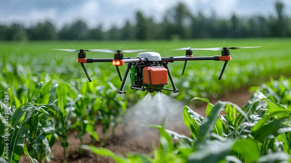 Drone Spraying Cornfield with Precision Agricultural Technology Enhancing Farming Efficiency and Productivity Drone Spraying Cornfield with Precision Agricultural Technology Enhancing Farming Efficiency and Productivity