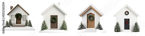 Four charming winter houses decorated with wreaths and surrounded by snow, evoking a cozy holiday spirit.