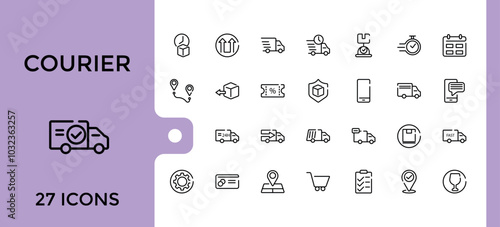 Set of courier line icons. Delivery service icons collection. showing delivery man delivering packages with transport, outline symbol pack. Editable stroke. Pixel perfect.