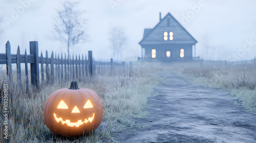 Eerie Atmosphere of a Foggy Halloween Night with Terrifyingly Spooky Pumpkins and a Foreboding Haunted House photo