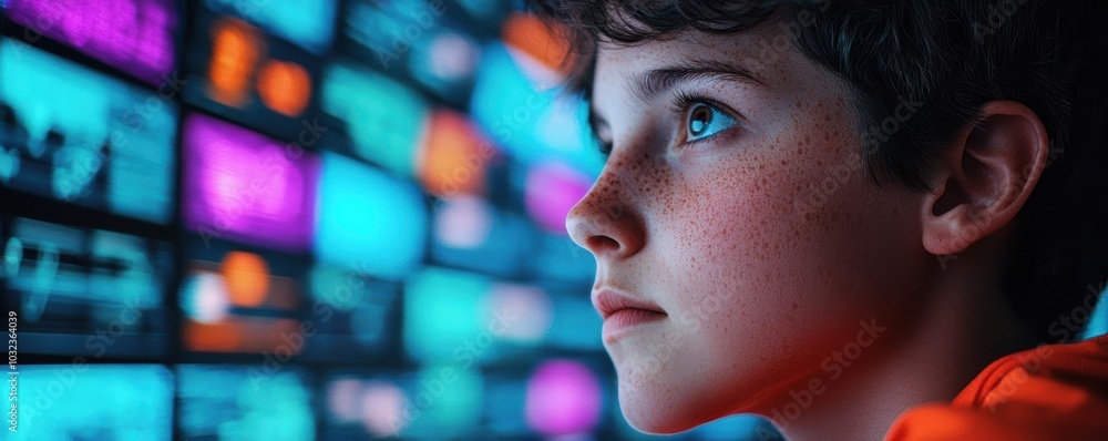Young person s face lit up by the glow of multiple screens, immersed in a digital world, people technology screen, immersive technology Young person s face lit up by the glow of multiple screens, immersed in a digital world, people technology screen, immersive technology