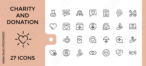Set of line icons related to charity and donation, social responsibility, friendship, love, Editable thin stroke. Pixel perfect. Vector illustration.