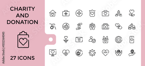 Set of line icons related to charity and donation, social responsibility, friendship, love, Editable thin stroke. Pixel perfect. Vector illustration.