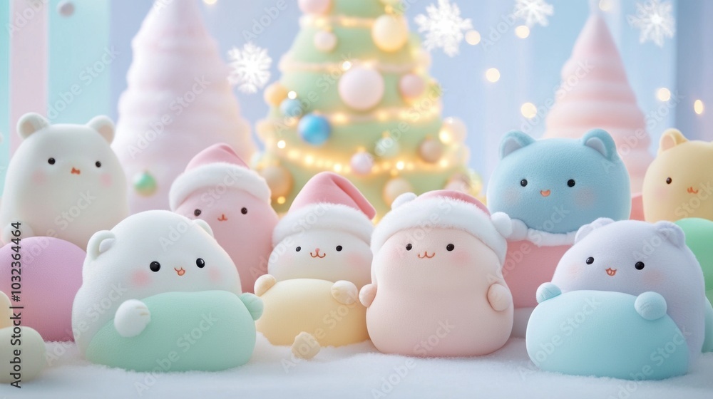 Adorable pastel plush toys gather in a festive winter wonderland setting, AI Adorable pastel plush toys gather in a festive winter wonderland setting, AI
