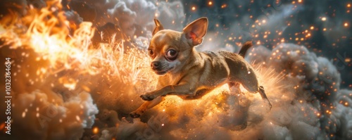 A small energetic dog leaps through an explosion of smoke and flames capturing a thrilling and dramatic moment