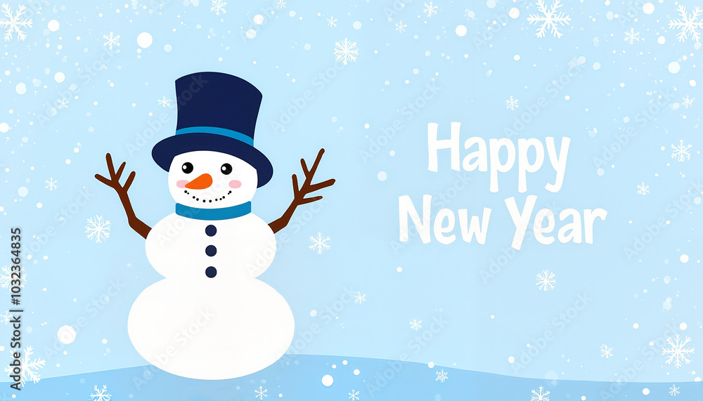 Fototapeta premium Snowman illustration with a joyful mood and Happy New Year text in a winter background