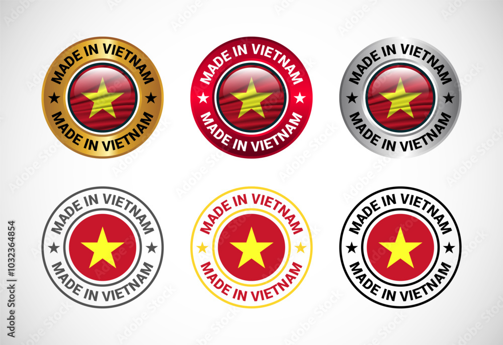 Made in Vietnam label icon with flag. Icon set for business, badge, seal, sticker, logo, and symbol Made in Vietnam label icon with flag. Icon set for business, badge, seal, sticker, logo, and symbol