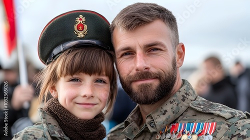 A military family including both adults and children stands together proudly next to a large national flag during a solemn remembrance event honoring the service and sacrifice of their loved ones photo