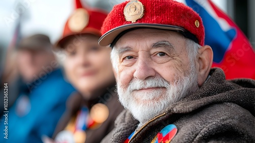 A group of veterans proudly marching in a celebratory parade carrying flags and wearing their hard earned medals as a symbol of their service sacrifice and dedication to their country photo