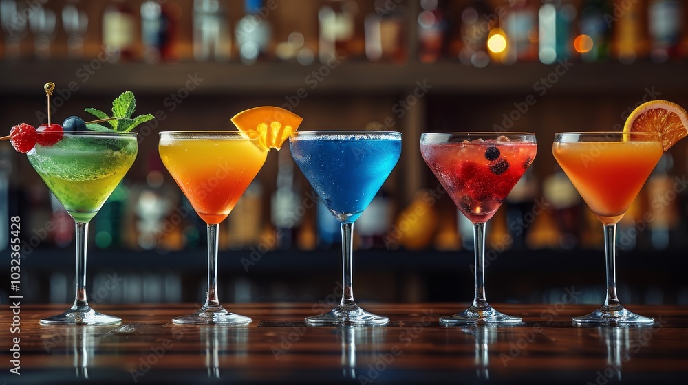 Six colorful cocktails in martini glasses on a bar counter. Six colorful cocktails in martini glasses on a bar counter.