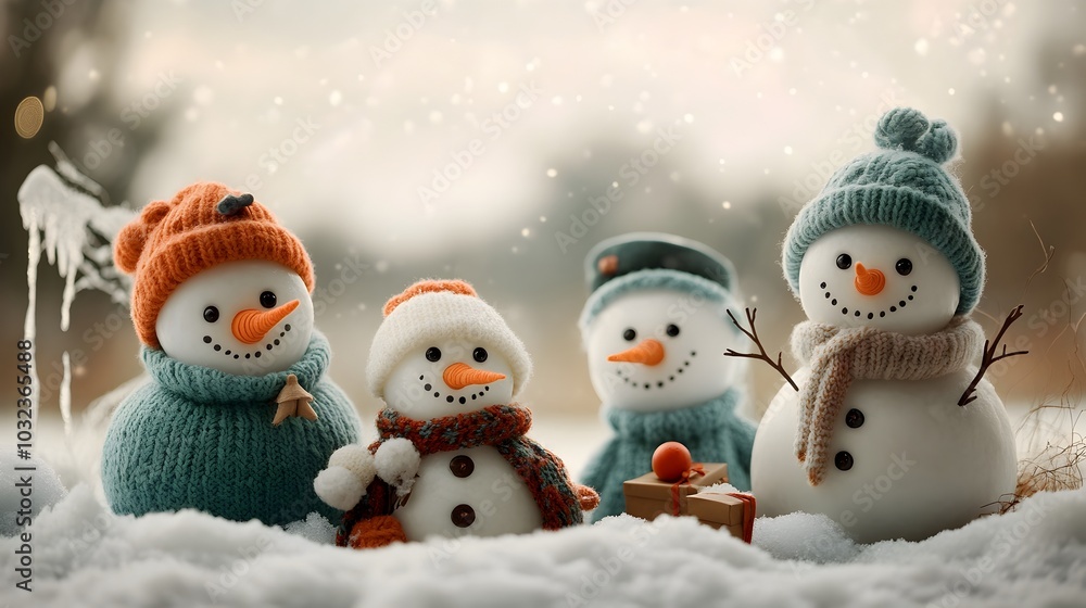 Delightful snowman family portrait set against a picturesque snow covered countryside backdrop Each endearing snowman is dressed in charming knitted accessories and adorned with carrot noses Delightful snowman family portrait set against a picturesque snow covered countryside backdrop Each endearing snowman is dressed in charming knitted accessories and adorned with carrot noses