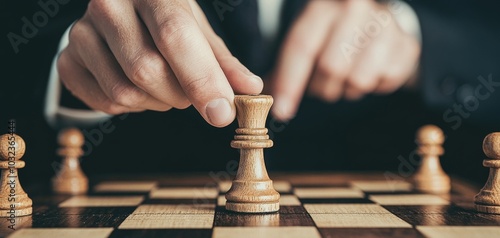 A hand moving a chess piece on a board, showcasing strategic gameplay and focus.