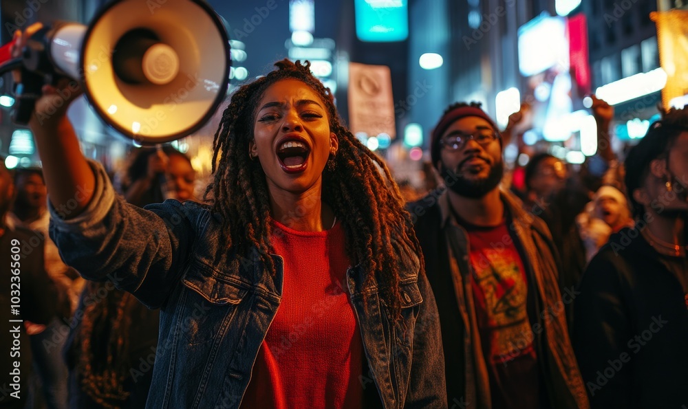 Group of African American people Protestors raise their hands shouting through megaphone while protesting with crowd of people on the streets, Generative AI Group of African American people Protestors raise their hands shouting through megaphone while protesting with crowd of people on the streets, Generative AI