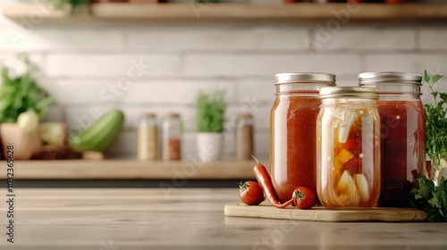 A cozy kitchen scene with jars of fermented vegetables and homemade probiotic drinks, Cozy kitchen, fermentation, gut-boosting foods made at home