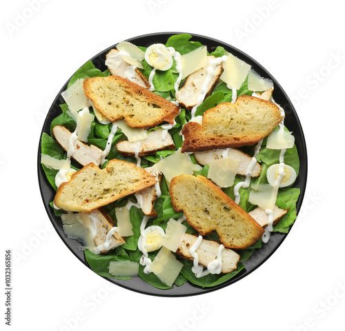 Delicious Caesar salad with chicken isolated on white, top view