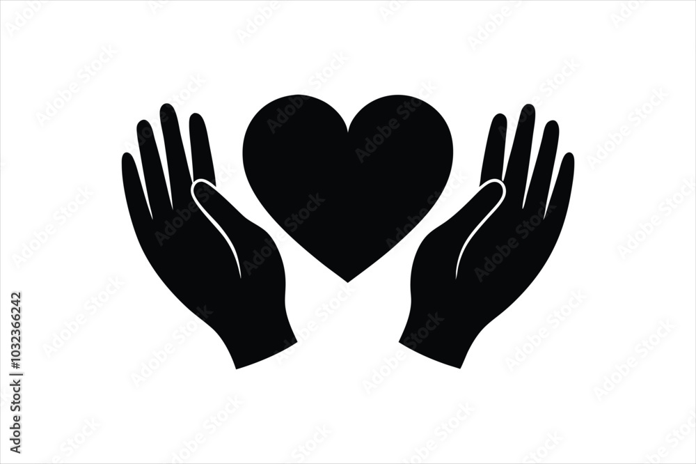 Love icon between two hand silhouette black vector art illustration. Love icon between two hand silhouette black vector art illustration.