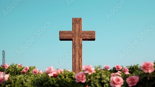 Weathered ornately carved wooden cross standing tall in a lush verdant spring garden filled with an abundance of colorful blossoms   roses lilies and drifting cherry petals   creating a dramatic