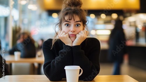 A young woman with a surprised expression sits at a café table, resting her chin on her hands while holding a coffee cup during the day