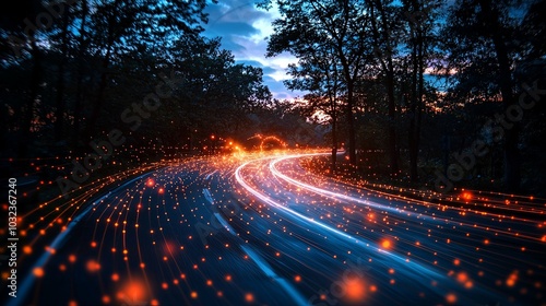 A luminous trail winds through a forest road at dusk, highlighting the synergy between technology and nature, and depicting speed and tranquility in a scenic landscape. photo