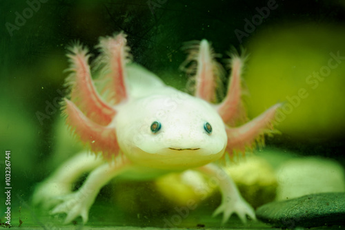 Close-up of the head of an albino axolotl underwater. photo