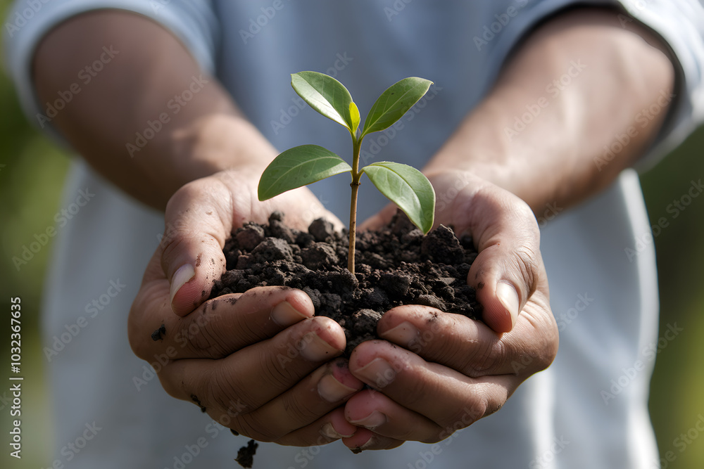 Hands holding sapling with green leaves, symbolizing growth and environmental care Hands holding sapling with green leaves, symbolizing growth and environmental care