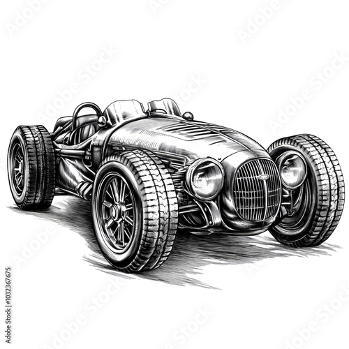 Vintage race car in black and white photo