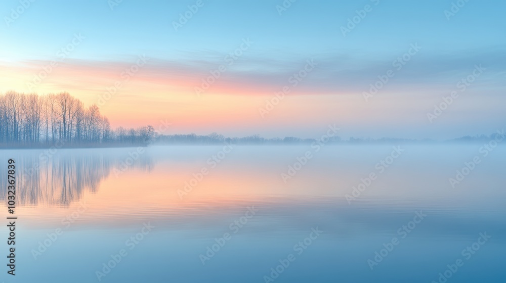 Fototapeta premium Colorful sunrise reflecting over a misty lake with bare trees